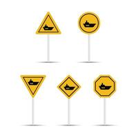 Ship and boat warning and caution sign isolated on a white background. Ship icon with multiple shapes. Warning, caution, and danger traffic sign for dock. Shipyard billboard design. vector