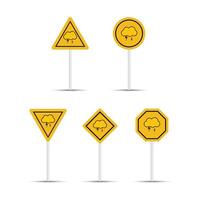 Highway yellow color Thunderstorm warning road sign with a pole on a white background. Thunderstorm icon with a yellow multiple shape billboard. Stop traffic sign with a silver color pole. vector