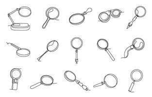 Continuous one line magnifying glasses. Minimalist linear magnifiers, antique magnifying lens search icon, hand drawn monocle and explorer glass set vector