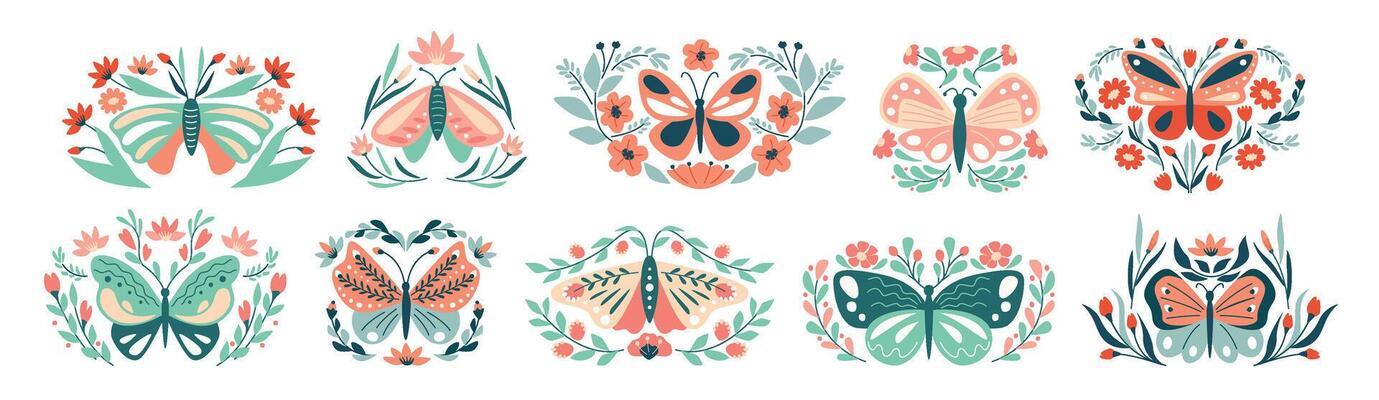 Abstract floral butterflies compositions. Symmetrical butterfly motifs with blooming flowers, leaves and greenery. Moth wings and hand drawn flowers, creative nature inspired illustration set