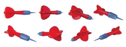 Darts game throwing arrows. Realistic 3D flying dart with aerodynamic wings and pointed needle tips, glossy arrow toy objects different angles isolated set vector