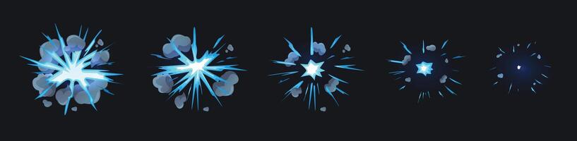 Cartoon energy explosion animation. Glowing burst effect sequence with dynamic smoke clouds, lightning sparks and blue energy blasts. Futuristic impact visual illustration vector