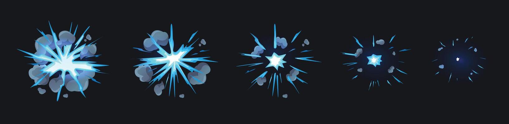 Cartoon energy explosion animation. Glowing burst effect sequence with dynamic smoke clouds, lightning sparks and blue energy blasts. Futuristic impact visual illustration