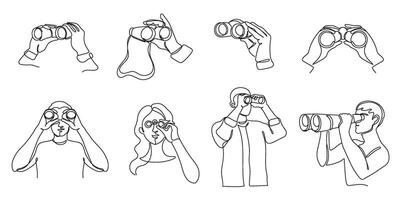 Looking through binocular. Observer hands and people holding binoculars in various poses, continuous one line exploration and adventure illustration set vector