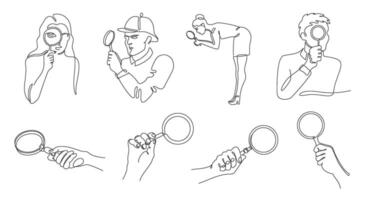 Linear looking through magnifying glass. Minimalist continuous one line people and detective hands using magnifiers in various poses for search, investigation and exploration illustrations set vector