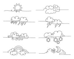 Continuous one line weather dividers. Minimalist linear weather forecast designs for sunny day, cloudy night, rain and snow, thunderstorm and windy weather, rainbow horizontal separator set vector