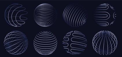 Sphere 3d wireframe lines. Abstract glowing digital globe designs with geometric curved line patterns, global networks spherical shapes and futuristic technology isolated set vector