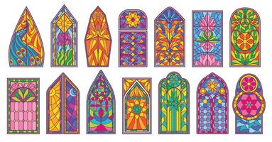Stained glass windows. Colored art glass mosaics with ornamental floral patterns, medieval church window and decorative cathedral architecture geometric isolated illustrations set vector