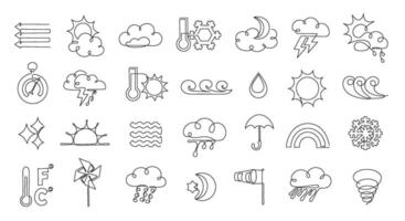 Continuous one line weather icons. Minimalist linear weather forecast symbols for clouds, sun, rain, wind and meteorological outline elements set vector