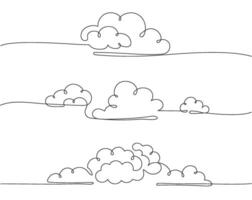 Continuous one line clouds. Minimalist linear fluffy cloud, simple nimbus and decorative sky themed overcast horizontal divider illustrations set vector