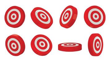 Bullseye targets. Shooting target disc, dartboard icons and circular red and white archery aim symbols various 3D angles isolated illustration set vector