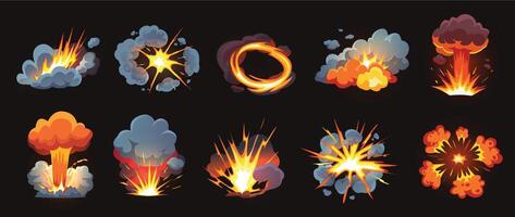 Cartoon explosion effects. Fire burst with dynamic smoke clouds, glowing sparks and fiery blasts. Explosive impact action visuals, bomb explosions isolated set vector