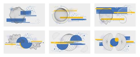 Sphere compositions. Modern 3D globe banner designs with geometric wireframes, dynamic lines and spherical shapes. Innovative abstract futuristic data visualization backgrounds set vector