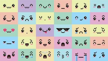 Pixel art kawaii faces. Cute pixelated facial expressions, uwu face, surprised eyes, sad crying and happy smiling pixels. Retro 8 bit gaming or anime emotions icons set vector
