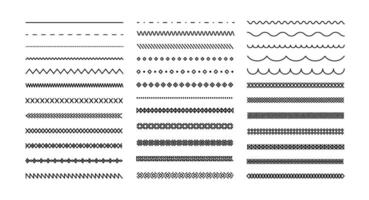 Simple geometric line borders. Minimal decorative dividers and border patterns with dashed, zigzag, wavy and diamond shapes for page decoration. Linear decor set vector