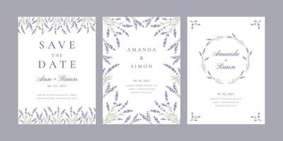 Lavender flower event card templates. Elegant floral wedding invitations with date and couple names decorated with lavender sprigs frames. Save the Date card with provence flowers set vector