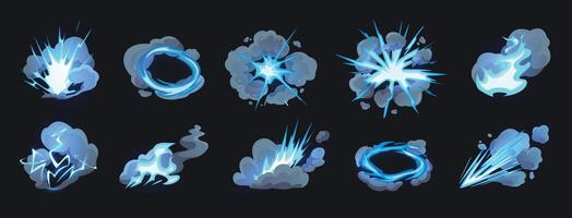Cartoon energy explosion effects. Glowing bursts with dynamic smoke clouds, lightning sparks and energy blasts. Impact futuristic explosions for gaming visuals isolated set vector