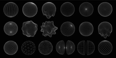 Wireframe 3D sphere mesh grid. Digital ball, abstract circle, distorted and melted geometric spheres with dots connected by lines. Cyber globe and spherical dome objects set vector