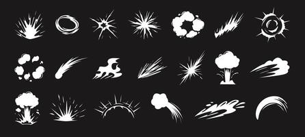 Cartoon energy explosion shapes. Dynamic blast waves with smoke clouds, fire flames, sparks and impact bursts. Energetic explosions visual effects silhouettes set vector