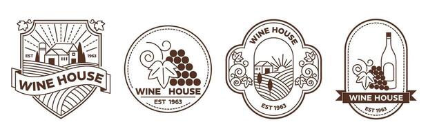 Vineyard emblems. Vintage wine house labels and winery badges with grape clusters, rolling vineyards and rustic farmhouse. Minimal line art templates set vector