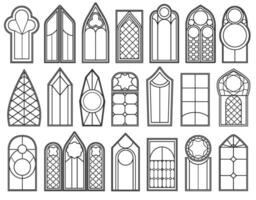 Outline gothic windows. Stained glass templates, arched shapes and geometric window decorative frames. Minimalist linear church glass art designs set vector