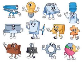 Retro cartoon office characters. Playful stapler, idea lamp, calendar, water cooler, printer, clipboard, sticky notes, puzzle piece, paper clip, gear and pie chart mascots illustrations set vector