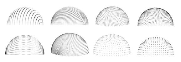 Dotted 3d hemisphere. Dome wireframe dots, geometric half sphere shapes with dotted patterns. Digital power shield, futuristic graphics isolated set vector