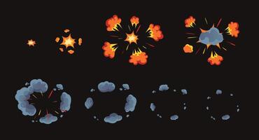 Cartoon radial bomb explosion animation. Dynamic fiery blast with expanding smoke poof clouds and glowing sparks. Explosive impact effect animated frames sequence set vector
