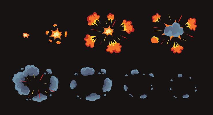 Cartoon radial bomb explosion animation. Dynamic fiery blast with expanding smoke poof clouds and glowing sparks. Explosive impact effect animated frames sequence set