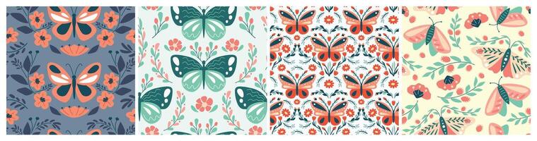 Flower and butterflies seamless patterns. Decorative moth and butterfly wings with floral ornaments of blooming flowers and leaves. Hand drawn botanical backgrounds set vector