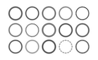 Simple geometric line circle frames. Minimalist decorative circular border designs with geometric patterns, zigzags, diamonds and grid lines for badge and label designs. set vector