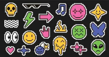 Pixel art emoji stickers. Retro pixelated 8 bit Y2K symbols, cool glasses, arrow, lightning bolt, flame and looking eyes. Skull, smile bomb, alien face and happy spark face. icons set vector