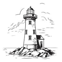 Seascape - view of the coastline, rocks, ocean, waves, lighthouse vector
