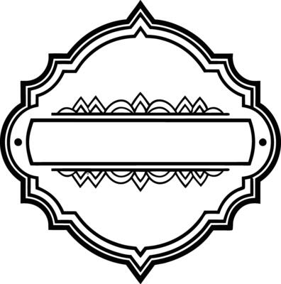 A black and white logo with ornate design