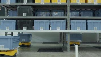 Demonstration of Automated Retail Warehouse AGV Robots Delivering distribution product stock on shelf in modern factory. Smart warehouse Logistics management system with warehouse robot. AI Technology video