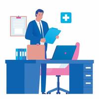 a man in a suit is standing at a desk with a laptop vector