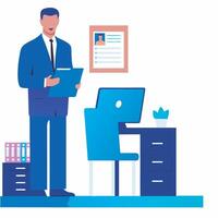 a man in a suit is standing near a desk vector
