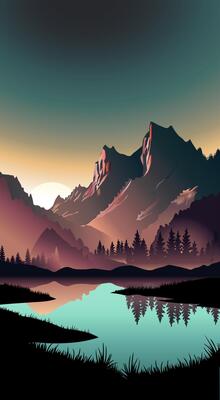 Morning landscape with lake, mountains and trees