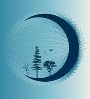 Drawing of moon silhouette with trees and birds on mint background vector