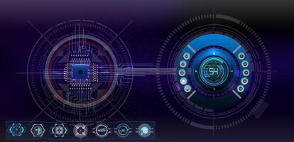 Futuristic technology interface showcasing a microchip and digital display with intricate patterns and connections. vector