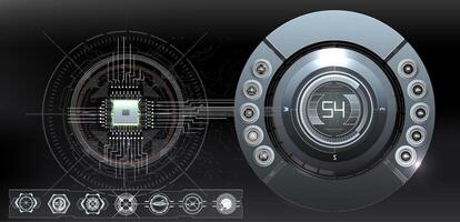 Abstract digital interface design showcasing a futuristic control panel with circular elements and intricate patterns. vector