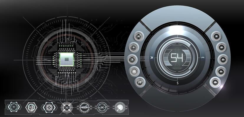 Abstract digital interface design showcasing a futuristic control panel with circular elements and intricate patterns.