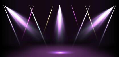 Bright spotlight beams create a dramatic atmosphere on a dark stage for a performance or event. vector