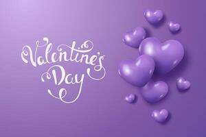 Valentines Day background with glossy purple hearts and elegant white lettering on a soft purple gradient backdrop vector