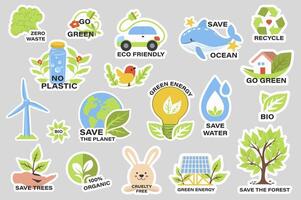Ecology stickers with slogans set elements in flat graphic design. Collection of zero waste, go green, eco friendly, save ocean, recycle, no plastic, bio, organic, cruelty free. illustration. vector