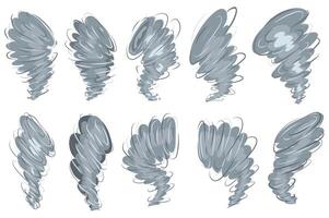 Tornado set elements in flat graphic design. Collection of hurricane air and whirlwinds, grey twisters, destruction whirlpool, thunderstorm cyclone vortex, bad weather symbols. illustration. vector