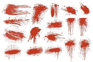 Grunge red blood splatters set elements in flat graphic design. Collection of liquid strokes and spots with messy bloody texture, flowing stains and blobs with splash drops. illustration. vector
