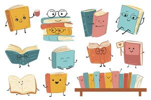 Cute book characters set elements in flat graphic design. Collection of funny books with smiling faces wear glasses, hold cup, hug, love, read, stack of textbooks, stand on shelf. illustration. vector