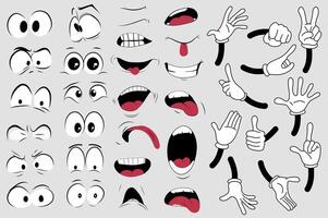Groovy comic faces set elements in flat graphic design. Collection of different feeling expressions of funny eyes, mouths and hands, showing good or bad emotions in 70s style. illustration. vector