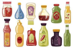 Bottles of sauces set elements in flat graphic design. Collection of different spicy hot dressings with tomato, garlic, basil, pepper, soy, containers of mustard, mayo, ketchup. illustration. vector